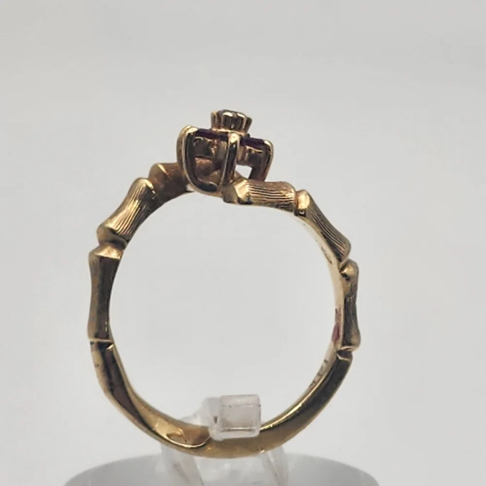 Vintage 14K Gold Bamboo-Style Ruby & Diamond Flower Bypass Ring (7.75) - Picture 5 of 10